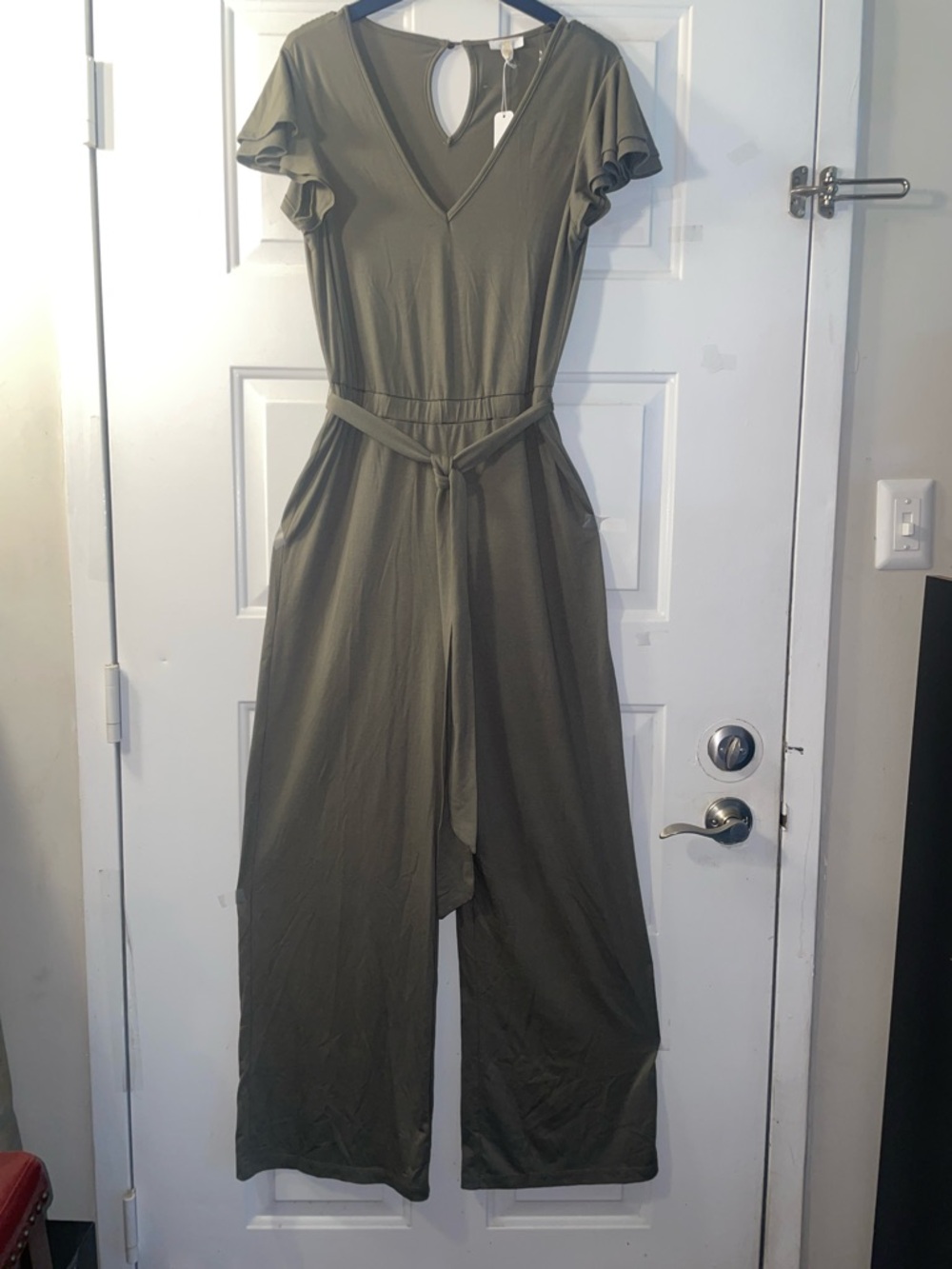 Charming Charlie Olive Green Short-Sleeve V-Neck Wide-Leg Jumpsuit
